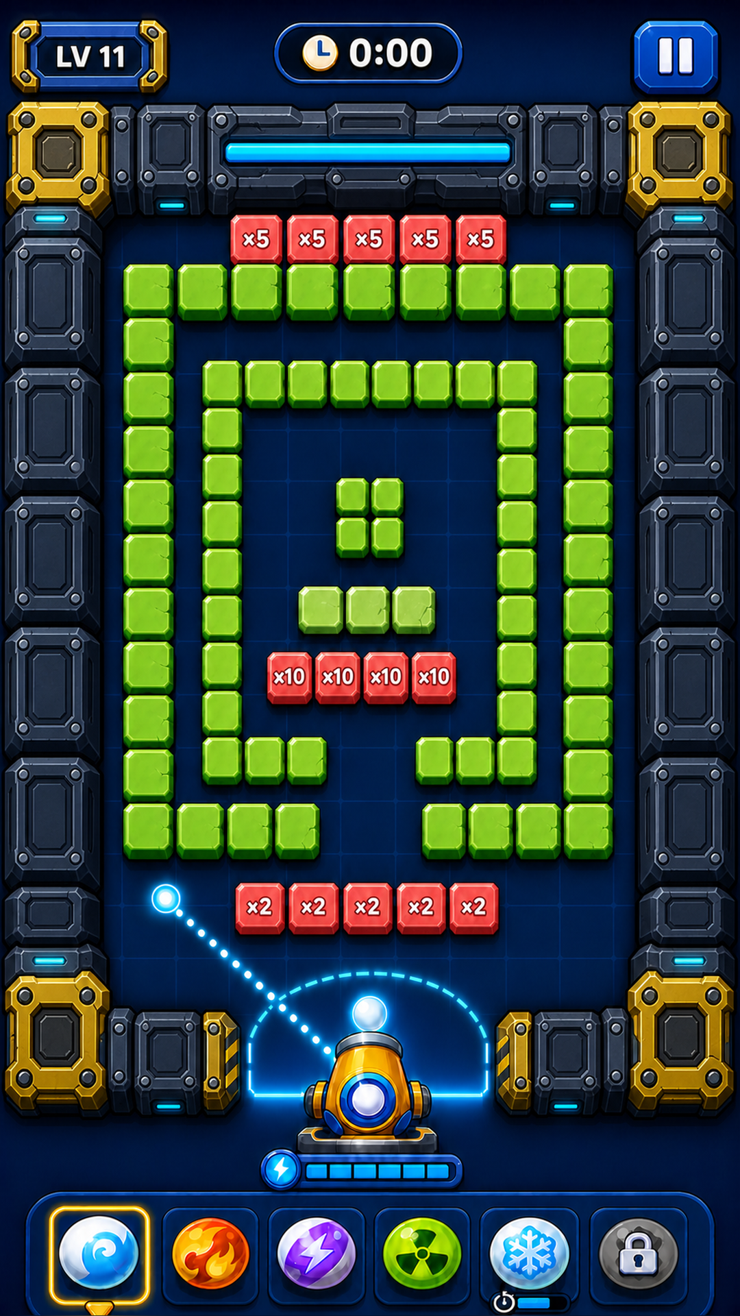 A Chain Reaction arena with a launcher, green block maze and multiplier cells