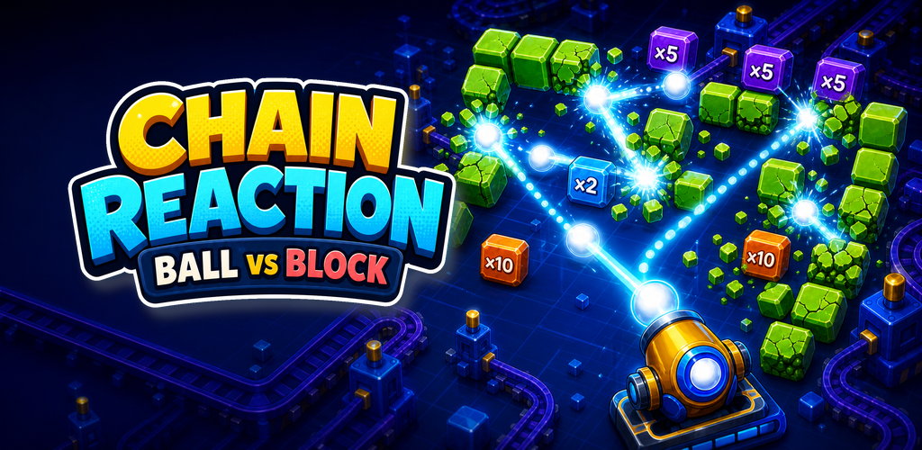 Balls ricocheting through glowing multiplier cells and destructible blocks in Chain Reaction
