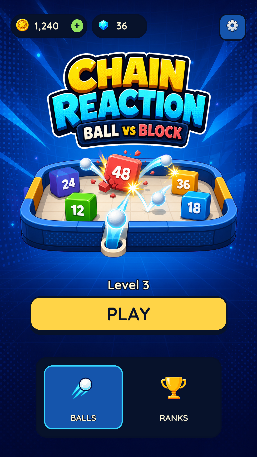 Chain Reaction main menu with the play button and ball collection tab