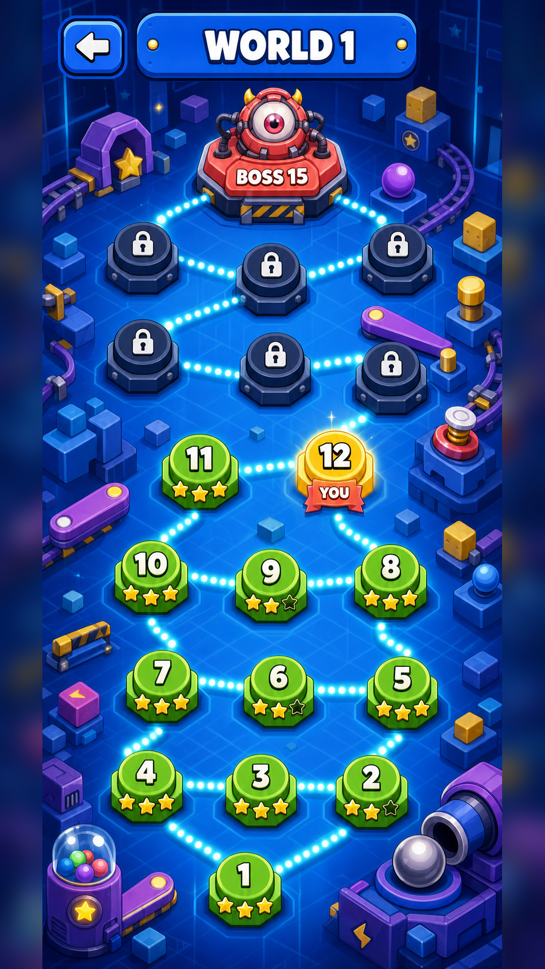 Chain Reaction world map with star-rated levels and a boss gate