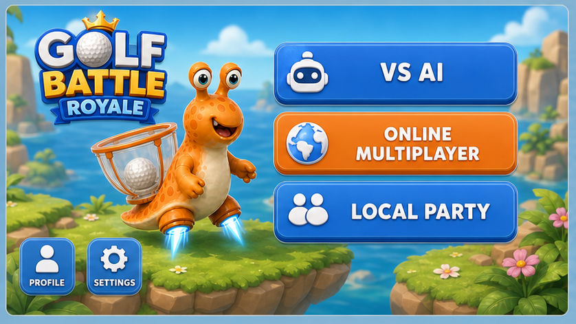 Golf Battle Royale main menu with an orange island competitor